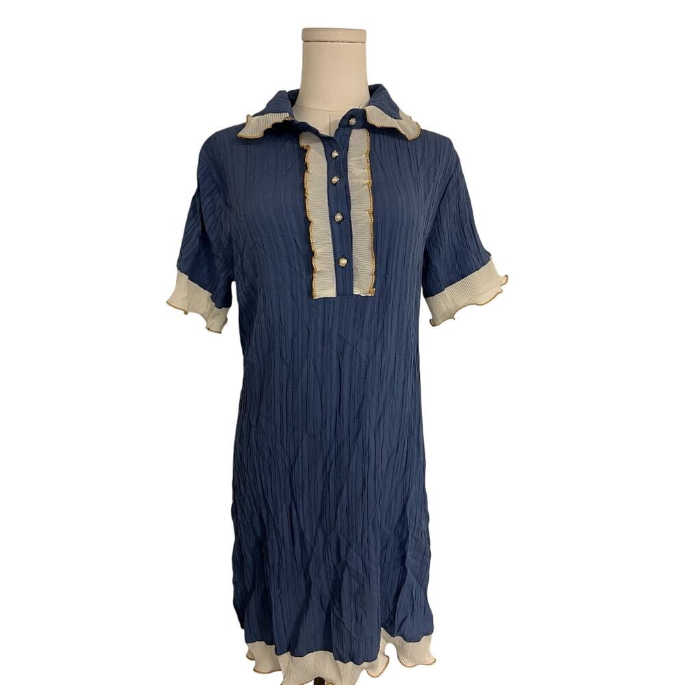 Blue Pleated Dress Collared Ruffle Gold Pearl Buttons Size XL Coquette
